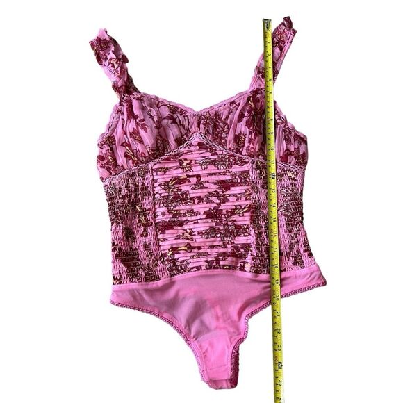 Free People XS Ruched Front Pink Micro Floral Bodysuit Coquette Fairy Girl New - Picture 9 of 9
